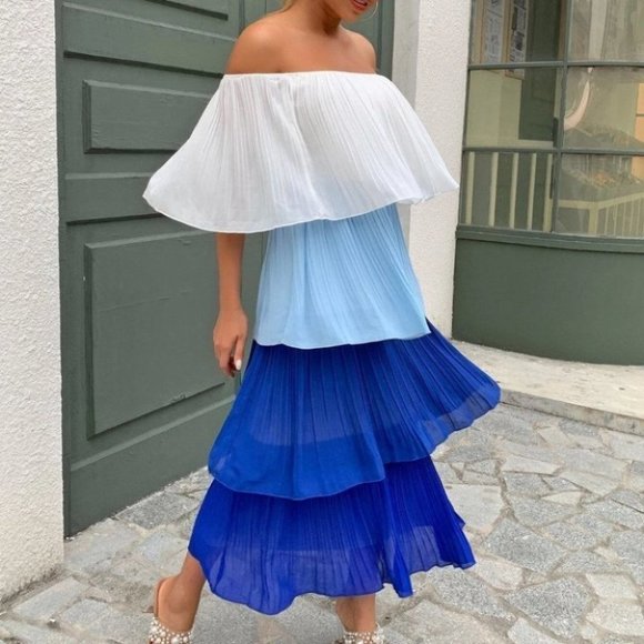 Chic Chiffon layered Pleated Flounce off shoulder Maxi Dress - Picture 2 of 6